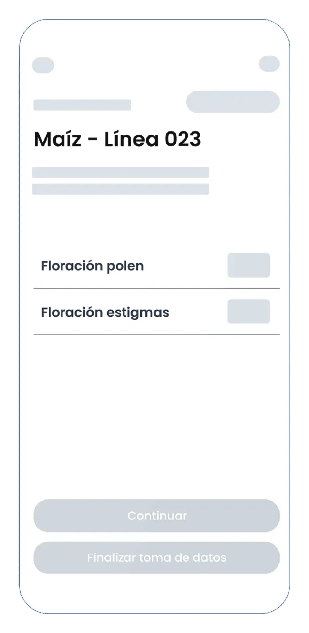 Prototipo de media fidelidad: la misma pantalla en gris, con el ensayo Maíz - Línea 023 y los campos de floración