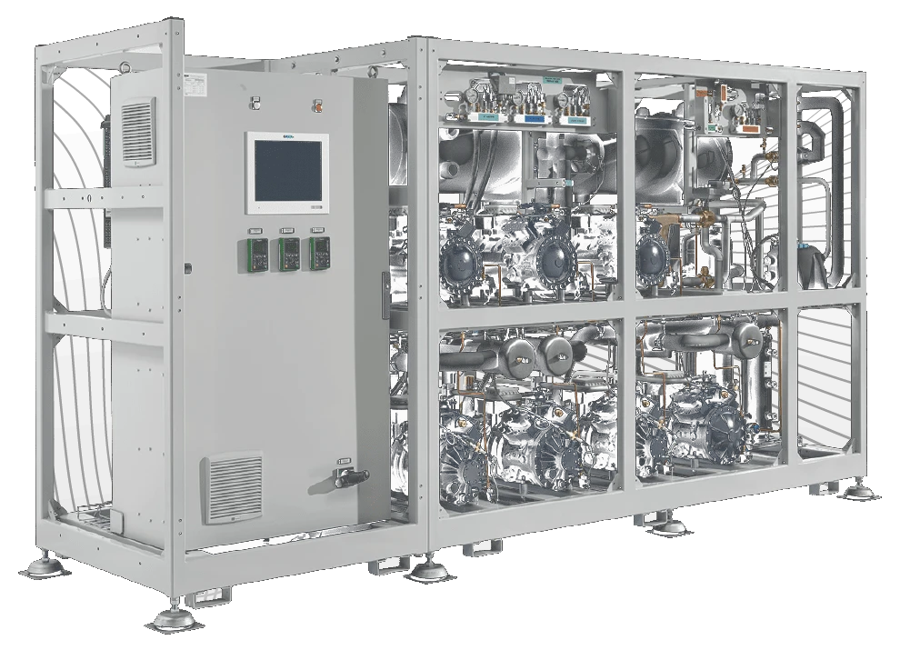 Central de refrigeración de Arneg: un bastidor con compresores, cuadro eléctrico y pantalla de control