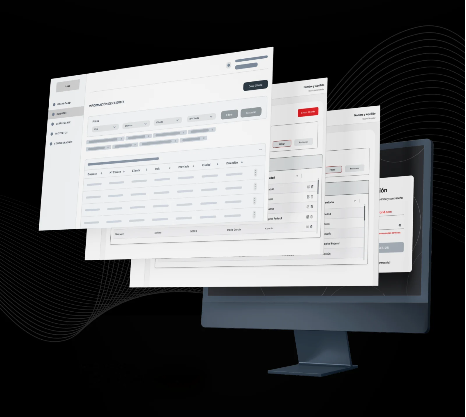 Las pantallas del ABM terminado: información de clientes con filtros, el listado y el inicio de sesión