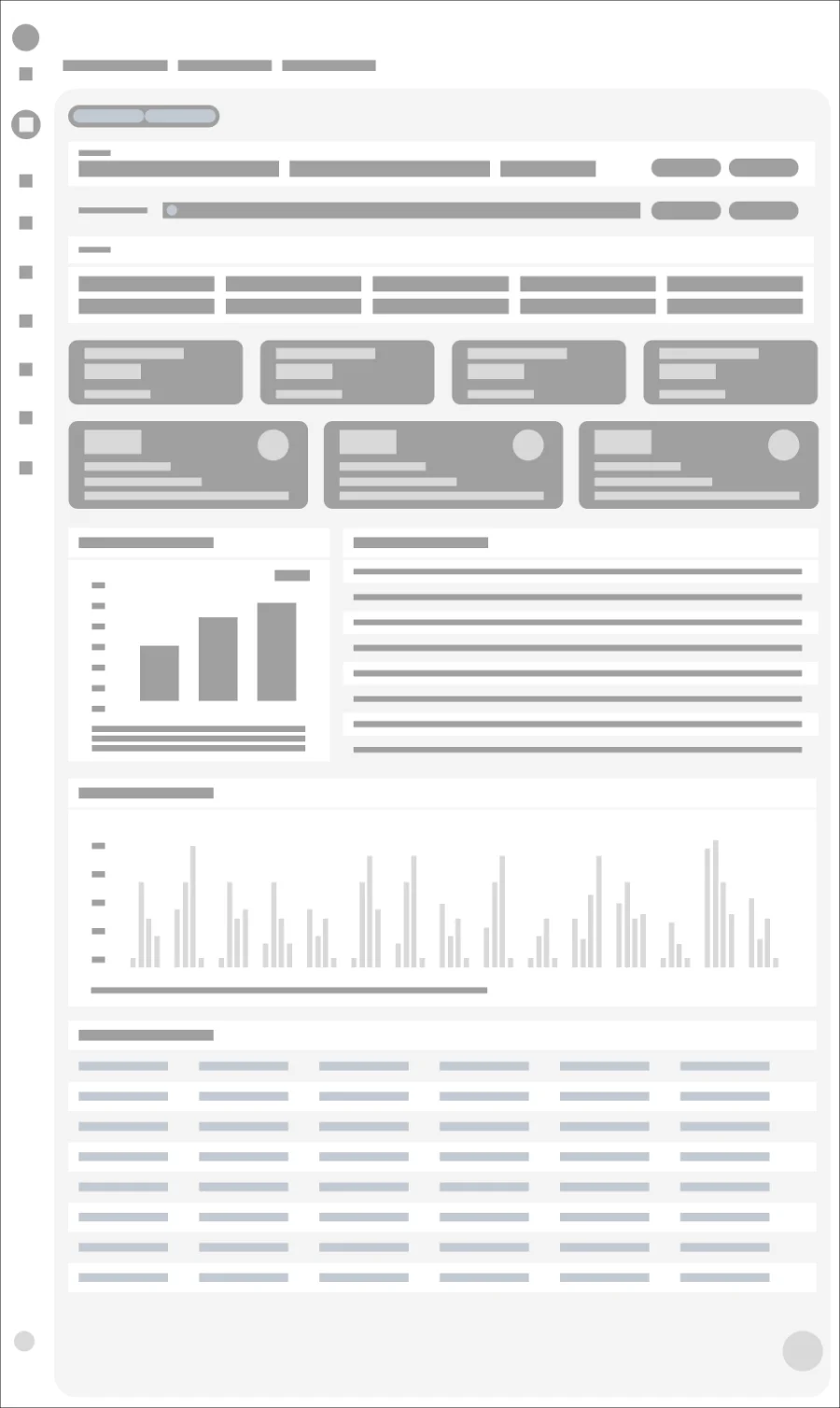 Wireframe en grises del mismo dashboard, ya con la grilla, los bloques de contenido y la tabla resueltos