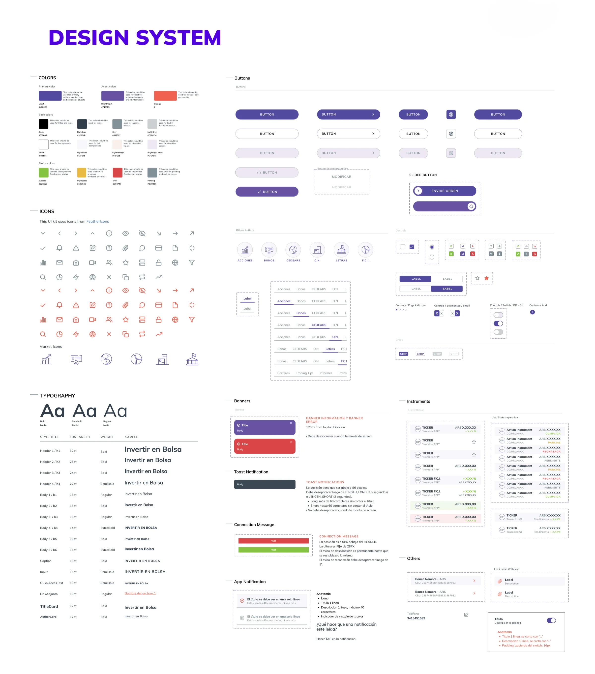 Placa del design system de IEB+: paleta, iconografía, tipografía, botones, controles, banners, notificaciones y listados