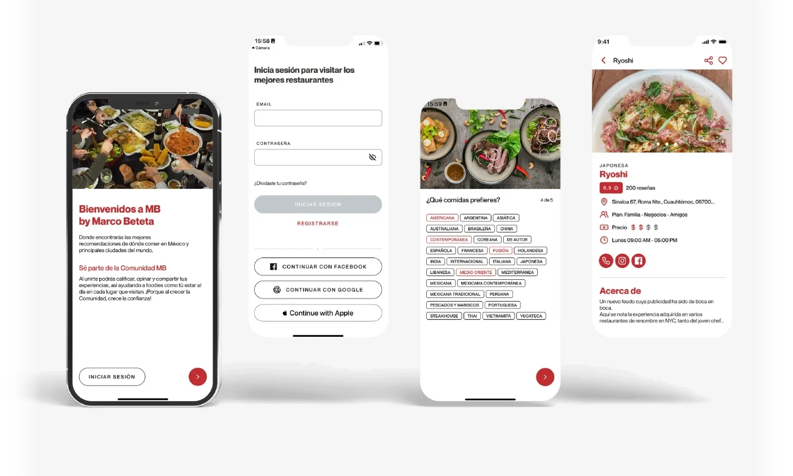 Las pantallas terminadas de la app: la bienvenida, el inicio de sesión, la selección de preferencias de comida y el detalle de un restaurante