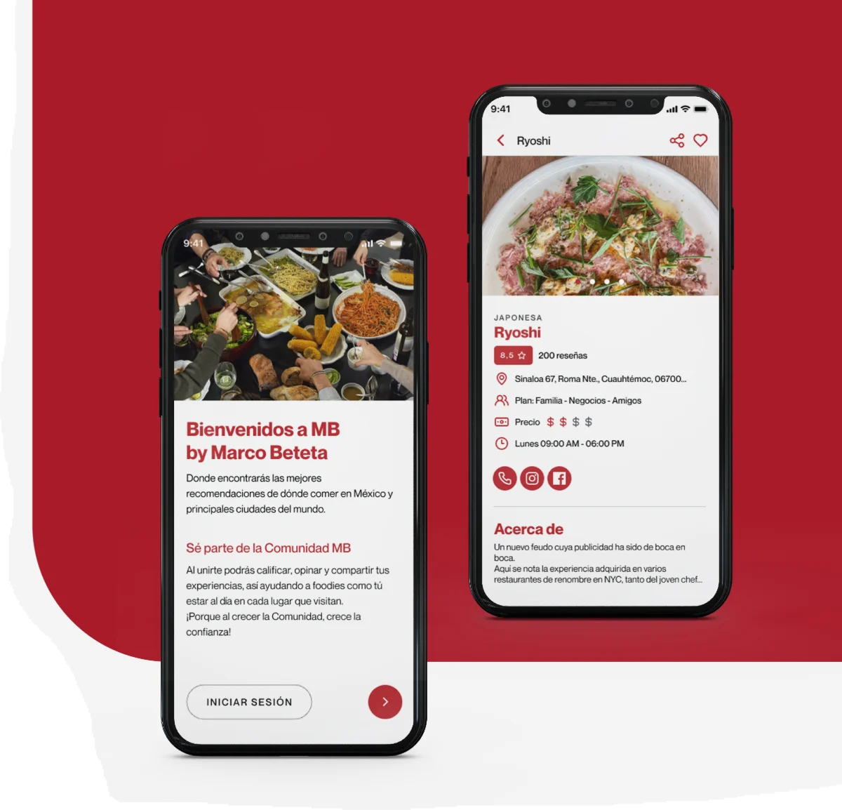 Dos pantallas de la app: la bienvenida a la comunidad MB y el detalle del restaurante Ryoshi