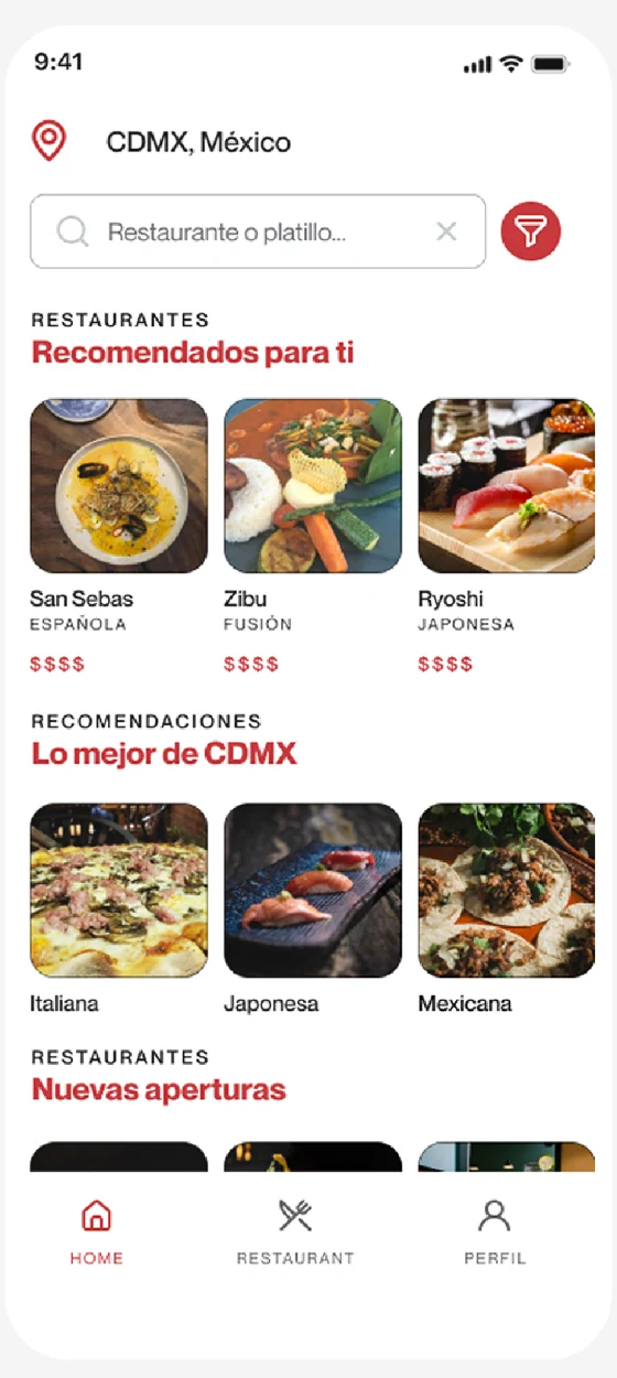 Prototipo de alta fidelidad: la pantalla terminada, con CDMX, los recomendados para ti y lo mejor de la ciudad