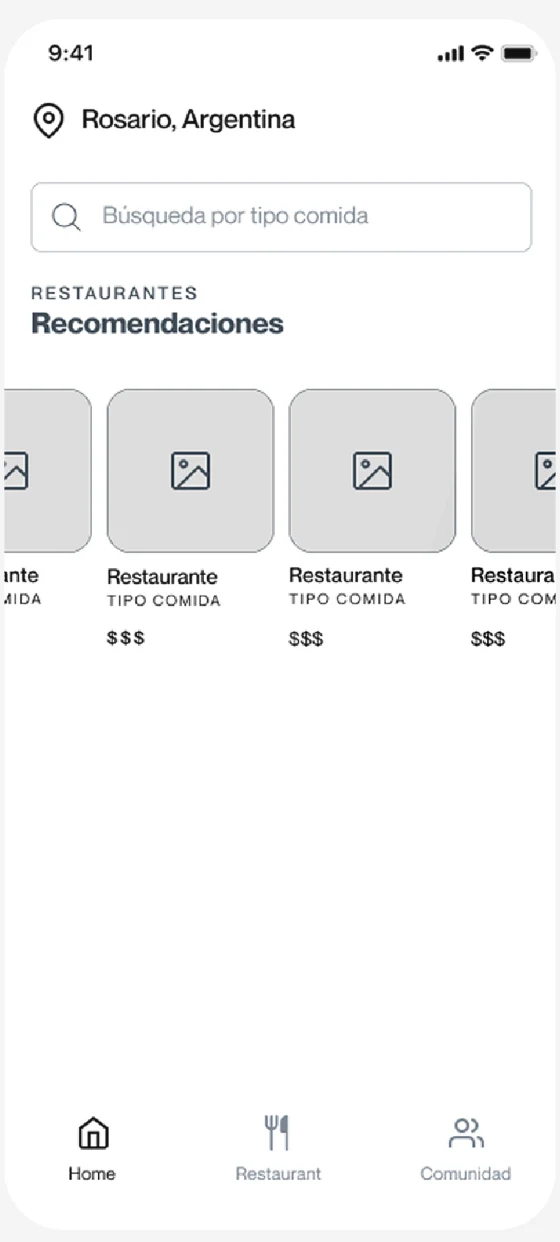 Prototipo de media fidelidad: la misma pantalla en gris, con la ubicación en Rosario y las recomendaciones