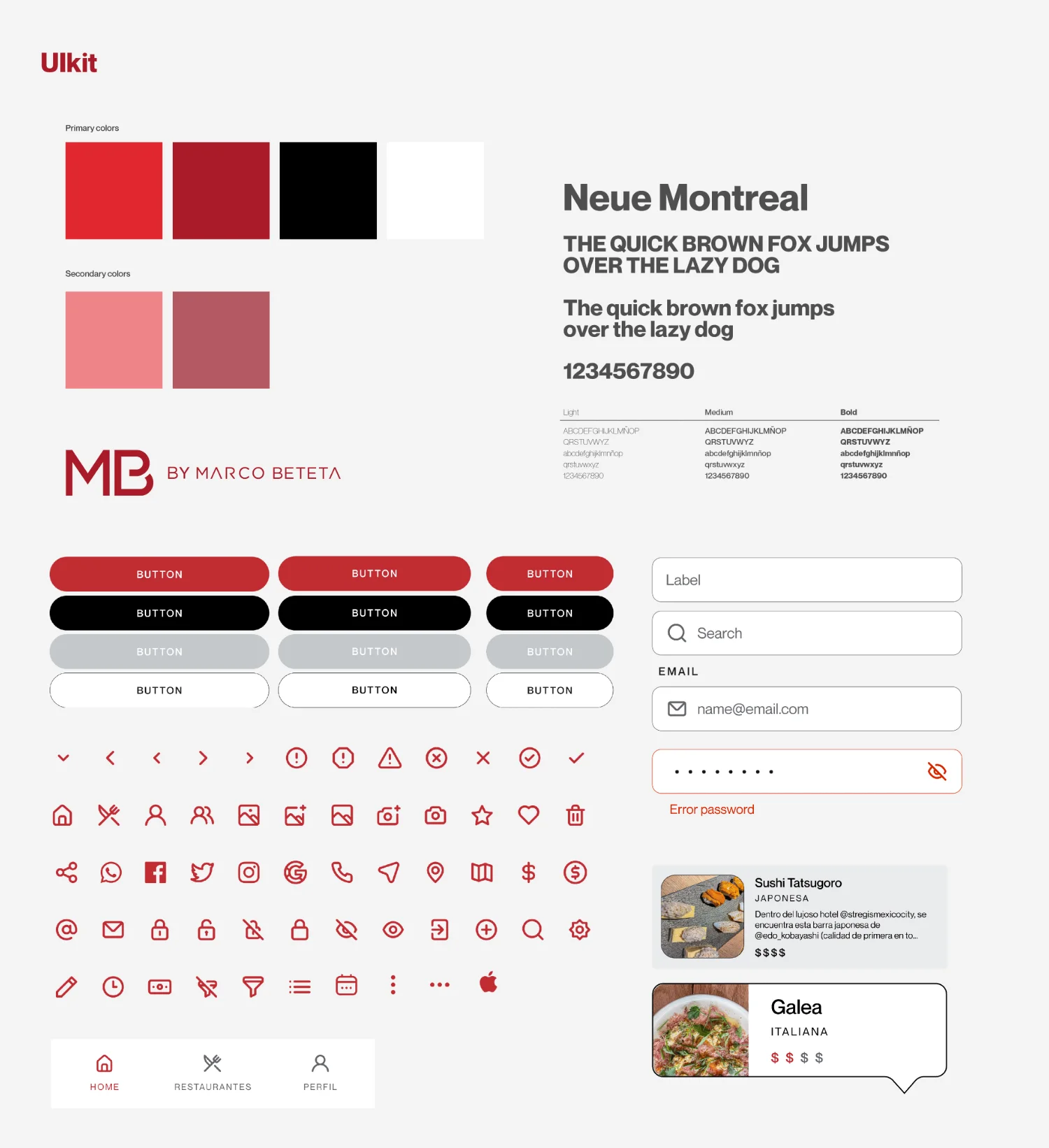UI kit: colores primarios y secundarios, la tipografía Neue Montreal con sus pesos, la grilla de iconos y los componentes de la app