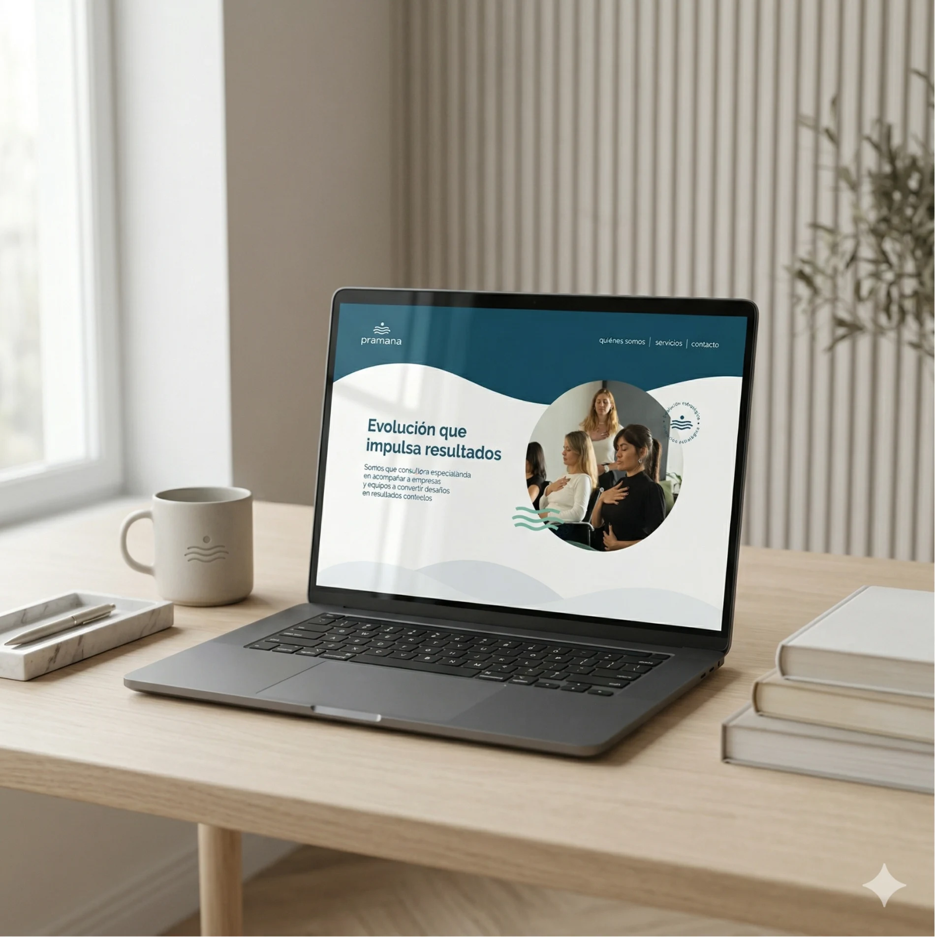 Un escritorio con una taza con el isotipo de Pramāna y una notebook mostrando la home del sitio