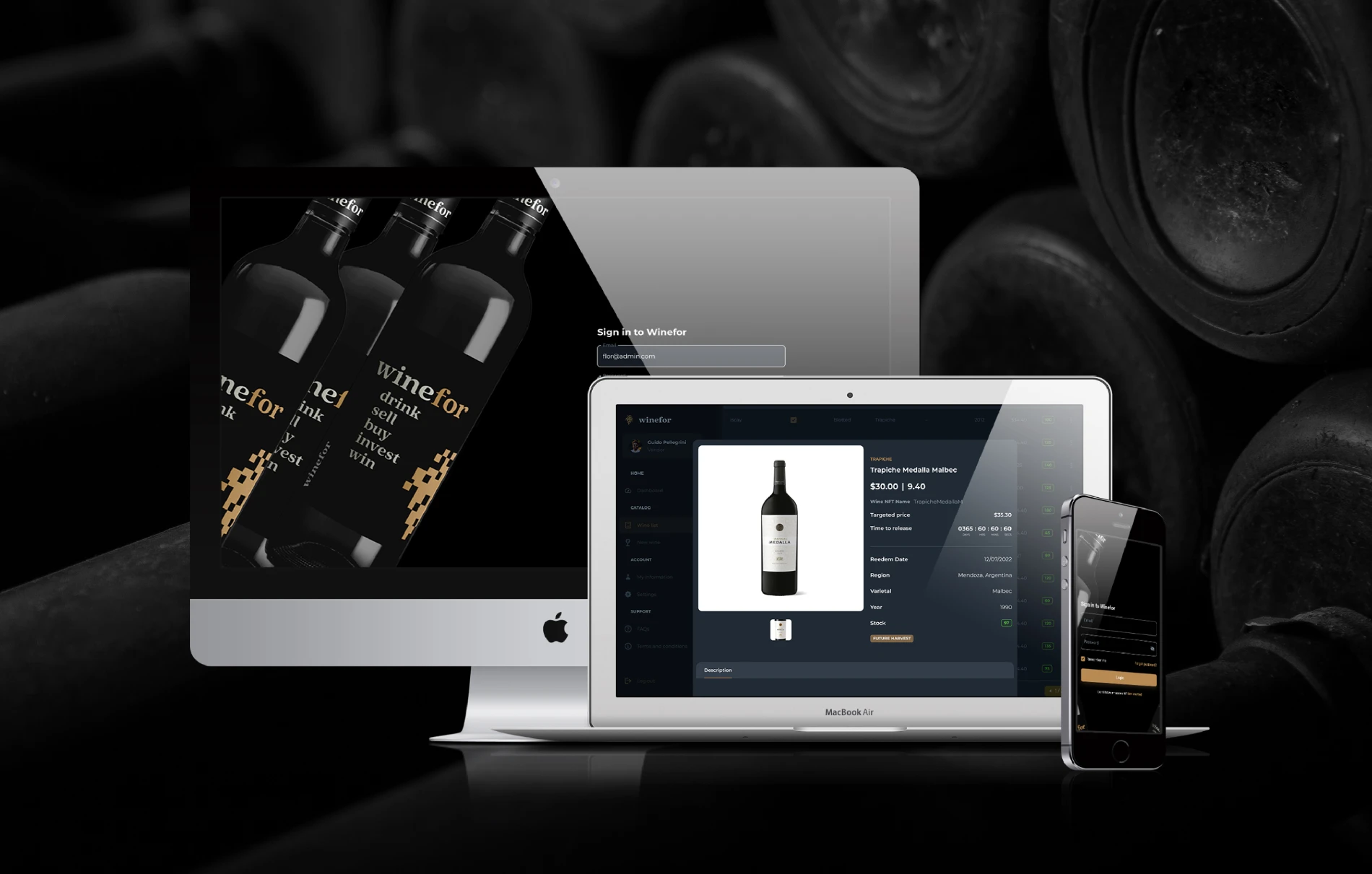 Winefor en escritorio, notebook y teléfono