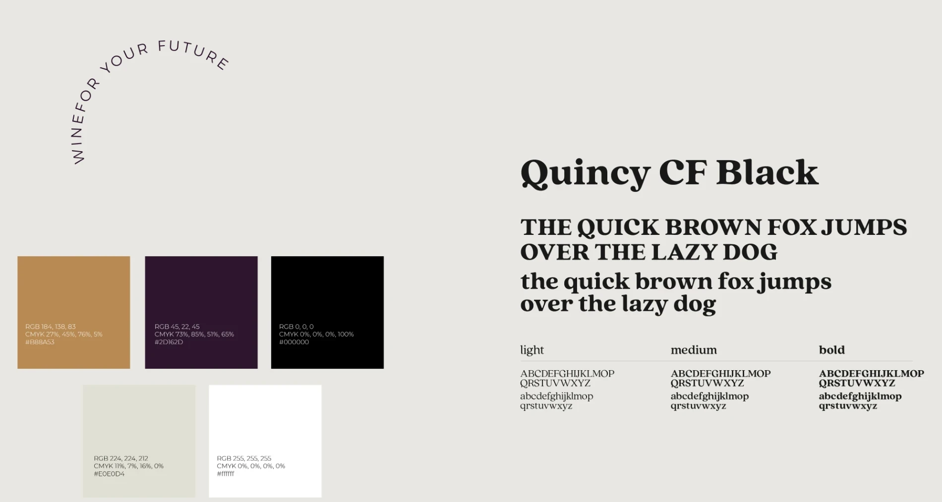Sistema de marca de Winefor: la tapa, la paleta de color con sus valores y el espécimen de la tipografía Quincy CF Black